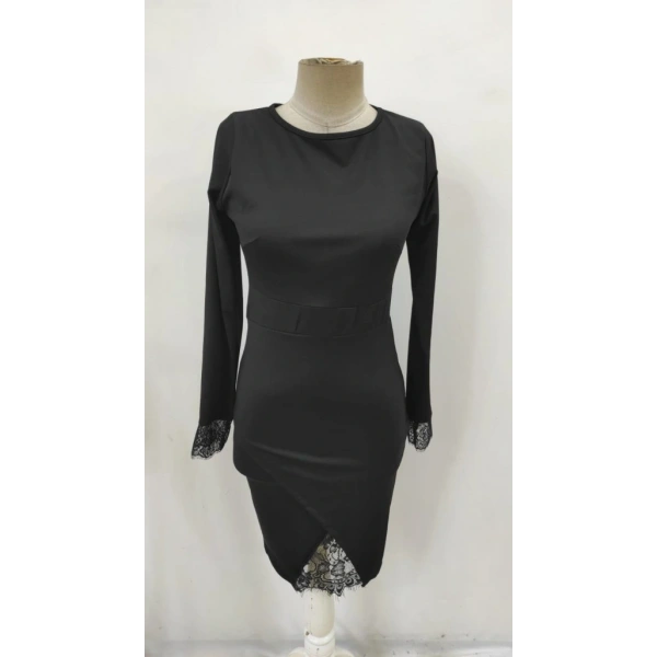 Kadın Uzun Kollu Bisiklet Yaka önden Dantel Ve Yırtmaç Detaylı Dalgıç Elbise