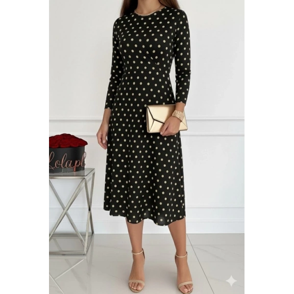 Kadın Uzun Kollu Bisiklet Yaka Puantiyeli örme Krep Midi Elbise