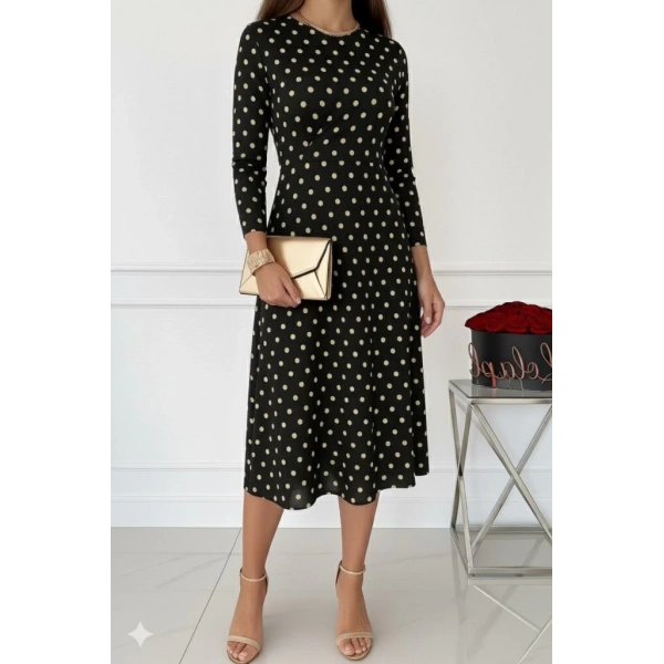 Kadın Uzun Kollu Bisiklet Yaka Puantiyeli örme Krep Midi Elbise