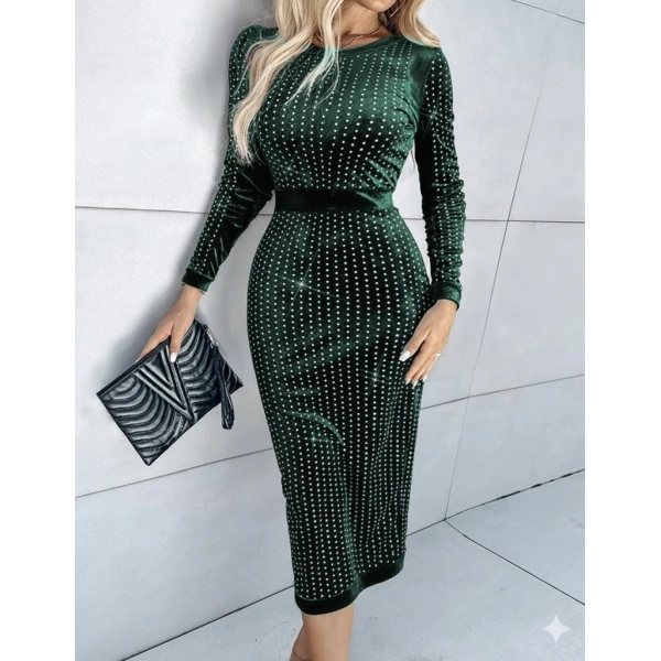 Kadın Uzun Kollu Bisiklet Yaka Taşlı Midi Kadife Elbise