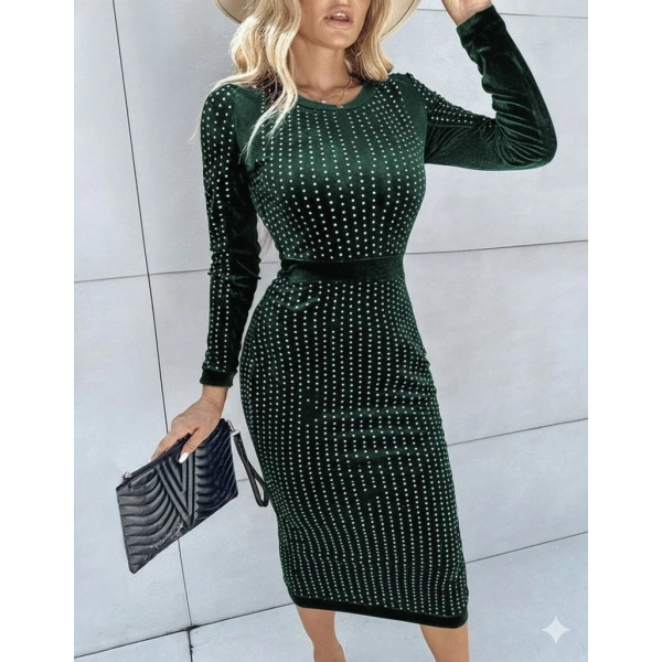 Kadın Uzun Kollu Bisiklet Yaka Taşlı Midi Kadife Elbise