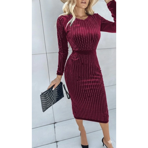 Kadın Uzun Kollu Bisiklet Yaka Taşlı Midi Kadife Elbise