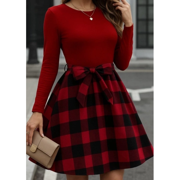 Kadın Uzun Kollu Bisiklet Yaka üst Viskon Alt Ekose Kısa Elbise