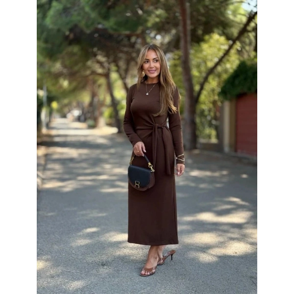 Kadın Uzun Kollu Bisiklet Yaka Yandan Bağlamalı Uzun Modal Elbise