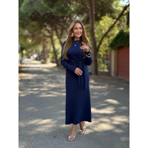 Kadın Uzun Kollu Bisiklet Yaka Yandan Bağlamalı Uzun Modal Elbise