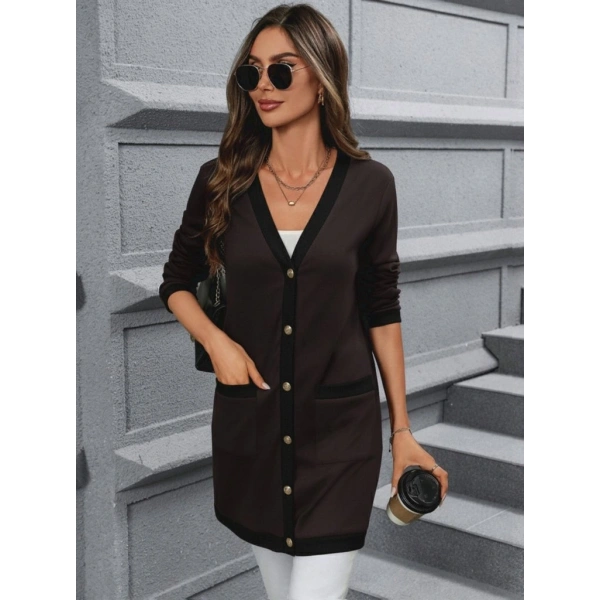 Kadın Uzun Kollu Cepli önden Düğmeli Uzun Modal Ceket Hırka