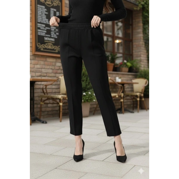 Kadın Uzun Kollu Dalıç Kumaş Cep Detay Beli Lastikli ütüsüz Pantolon