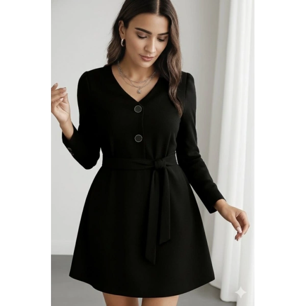 Kadın Uzun Kollu Düğme Detaylı Kendinden Kemerli Ithal Krep Elbise