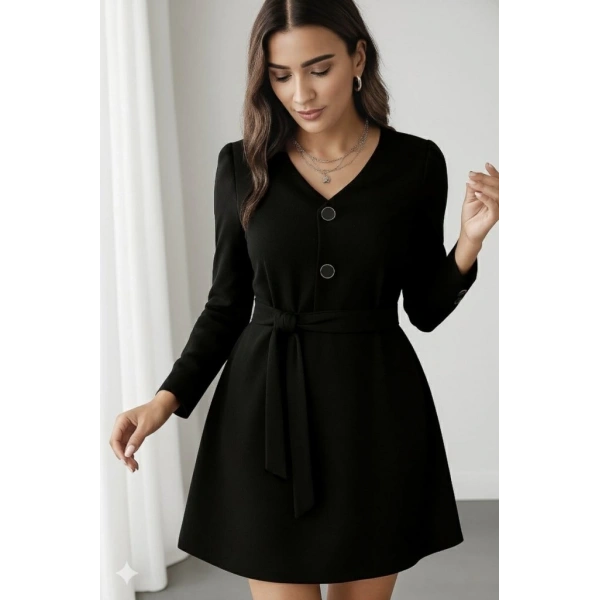 Kadın Uzun Kollu Düğme Detaylı Kendinden Kemerli Ithal Krep Elbise