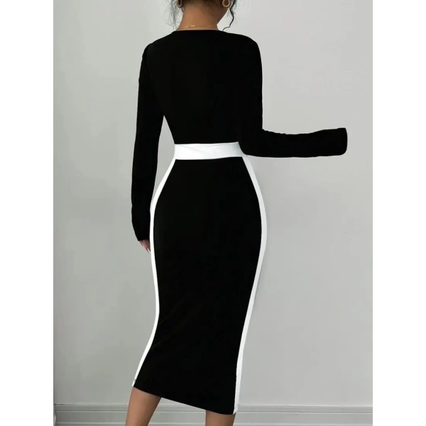 Kadın Uzun Kollu Geometrik Yaka Midi Ithal Krep Elbise