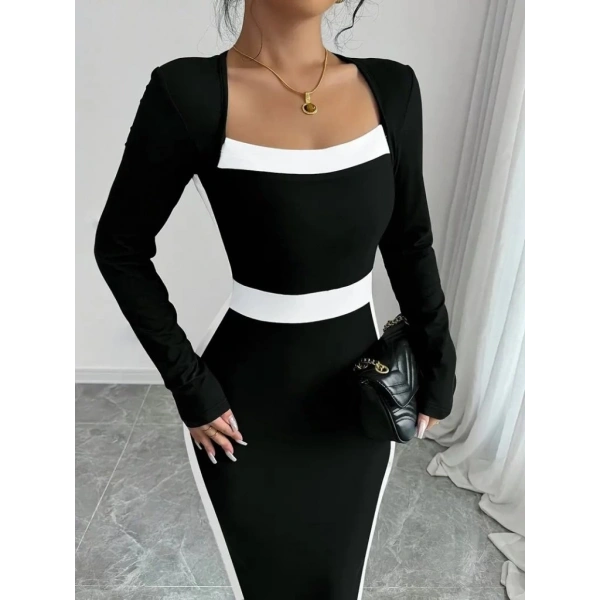 Kadın Uzun Kollu Geometrik Yaka Midi Ithal Krep Elbise