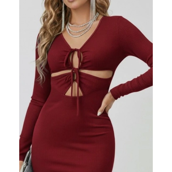 Kadın Uzun Kollu Göğüs Ve Göbek Dekolte Detay Sandy Midi Boy Elbise