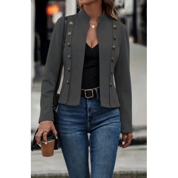 Kadın Uzun Kollu Hakim Yaka Yanlardan Düğmeli Kısa Süet Ceket