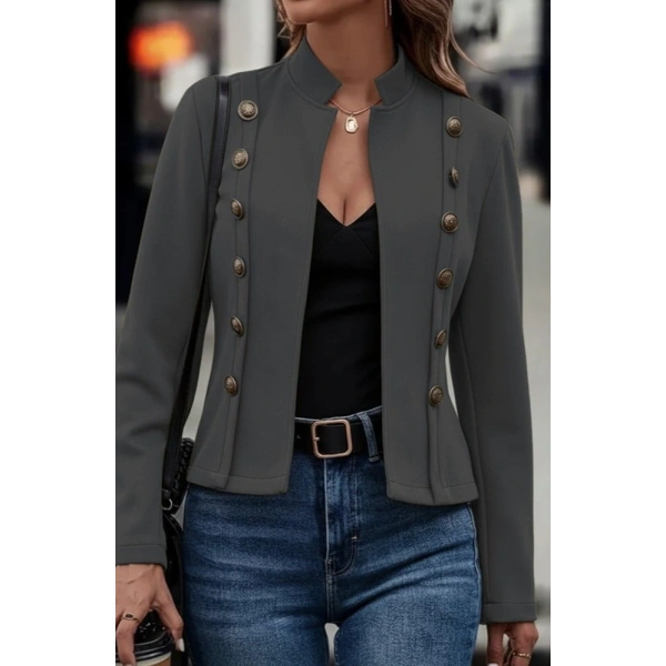 Kadın Uzun Kollu Hakim Yaka Yanlardan Düğmeli Kısa Süet Ceket