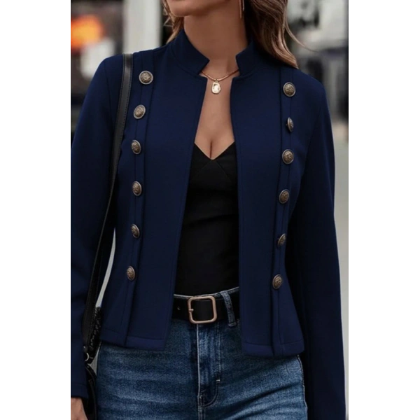 Kadın Uzun Kollu Hakim Yaka Yanlardan Düğmeli Kısa Süet Ceket