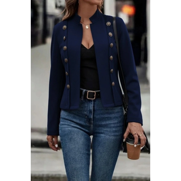 Kadın Uzun Kollu Hakim Yaka Yanlardan Düğmeli Kısa Süet Ceket