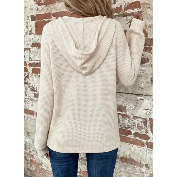 Kadın Uzun Kollu Kapşonlu önü Düğmeli Ve Bağcıklı Waffle Bluz