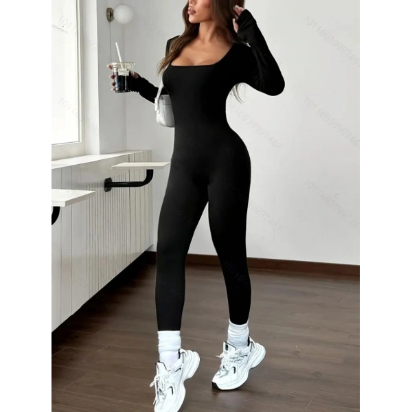 Kadın Uzun Kollu Kare Yakalı Fermuarlı Parmaktan Geçmeli Dalgıç Tulum