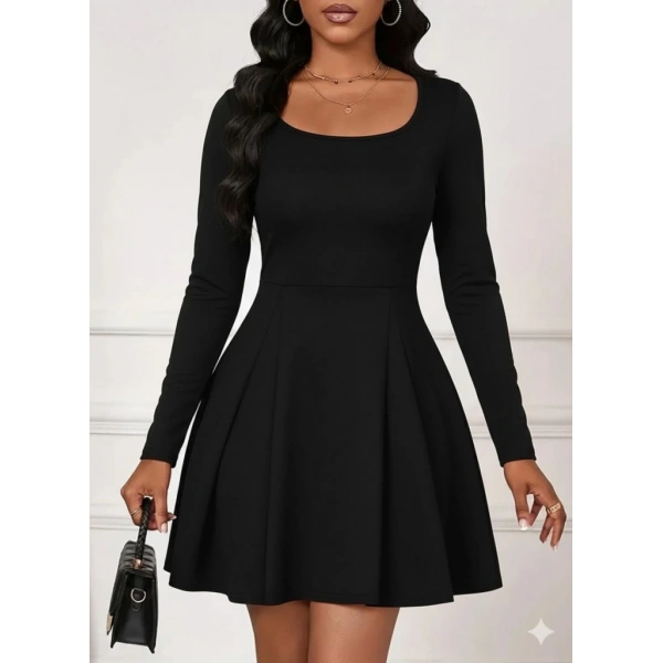 Kadın Uzun Kollu Kare Yakalı Mini Ithal Krep Elbise