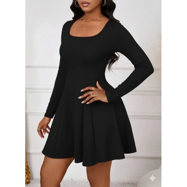 Kadın Uzun Kollu Kare Yakalı Mini Ithal Krep Elbise