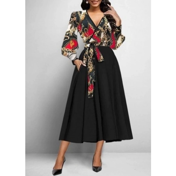 Kadın Uzun Kollu Kruvaze Yaka Dalgıç Krep Midi Boy Elbise