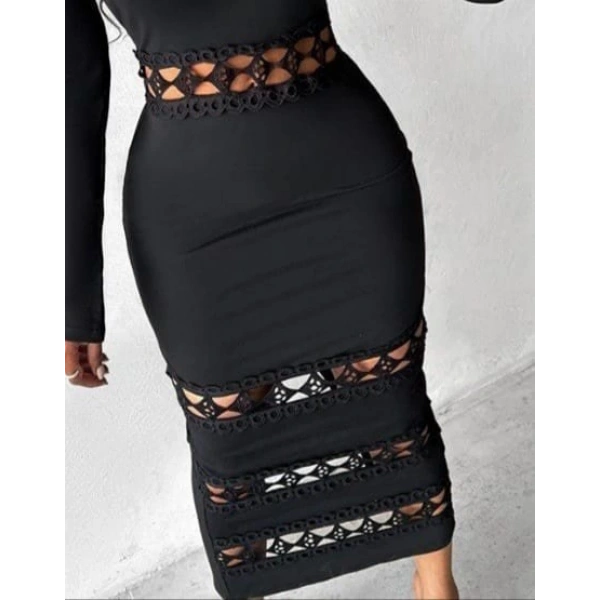 Kadın Uzun Kollu Madonna Dantel Yaka Yırtmaçlı Midi Dalgıç Elbise