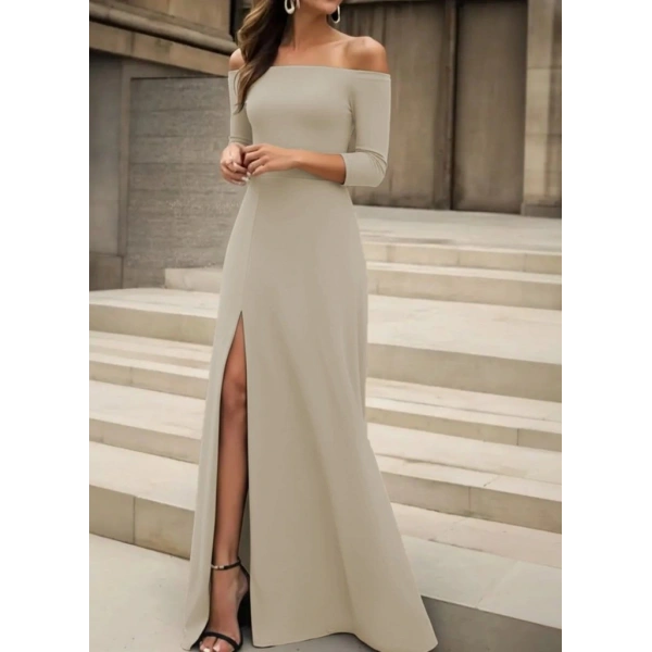 Kadın Uzun Kollu Madonna Yakalı Yırtmaç Detaylı Uzun Ithal Krep Elbise