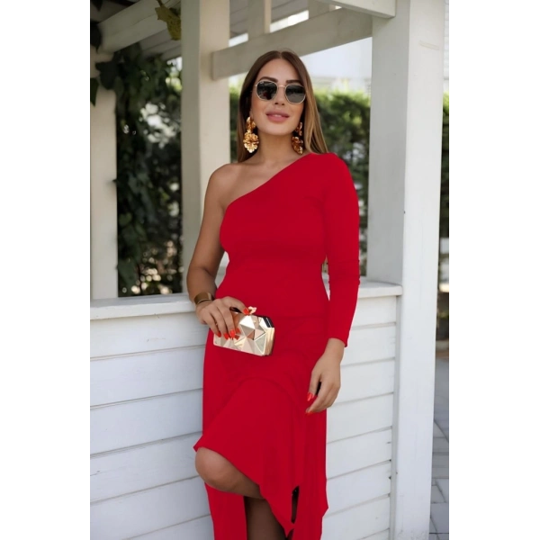 Kadın Uzun Kollu Tek Omuz Detay Krep Elbise