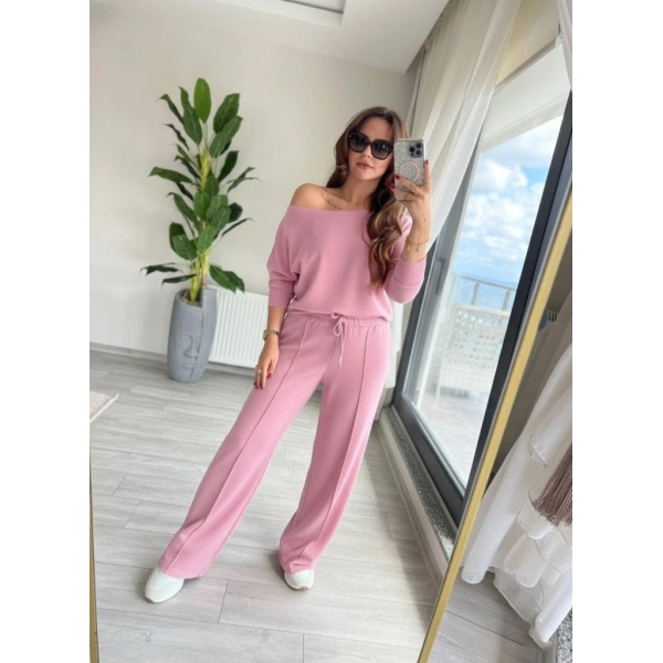 Kadın Uzun Kollu Tek Omuzdan Açık Dalgıç Bluz Ve Pantolon Ikili Takım