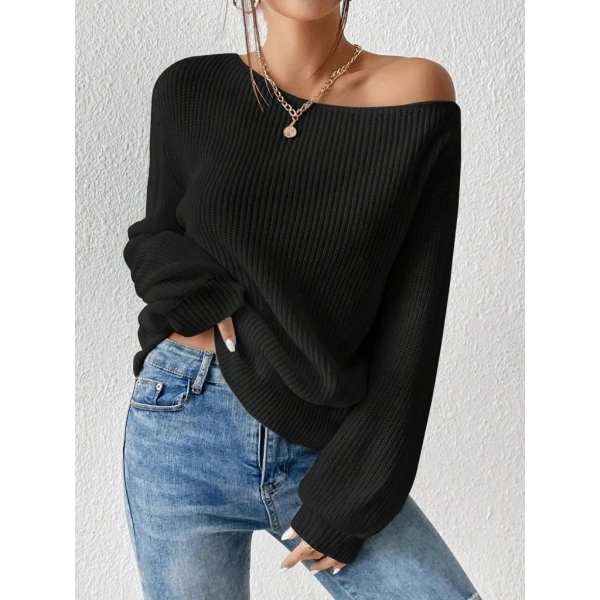 Kadın Uzun Kollu Tek Omuzu Açık Detaylı Triko Bluz