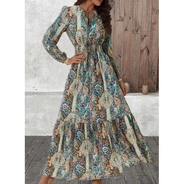 Kadın Uzun Kollu Uakadabağcıklı Beli Lastikli Desenli Uzun Süprem Elbise