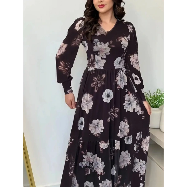 Kadın Uzun Kollu V Yakalı çiçek Desenli Maxi Süprem Elbise