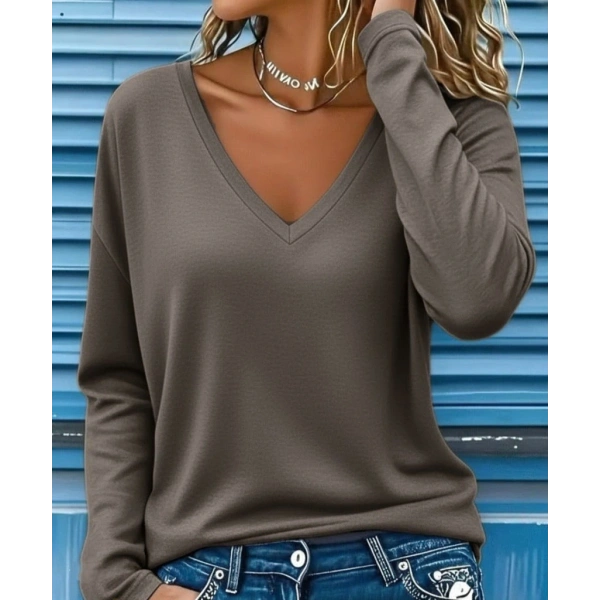 Kadın Uzun Kollu V Yakalı Dalgıç Açık Vizon Bluz