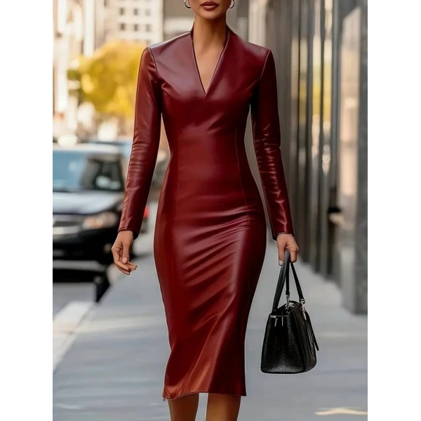 Kadın Uzun Kollu V Yakalı Deri Midi Elbise