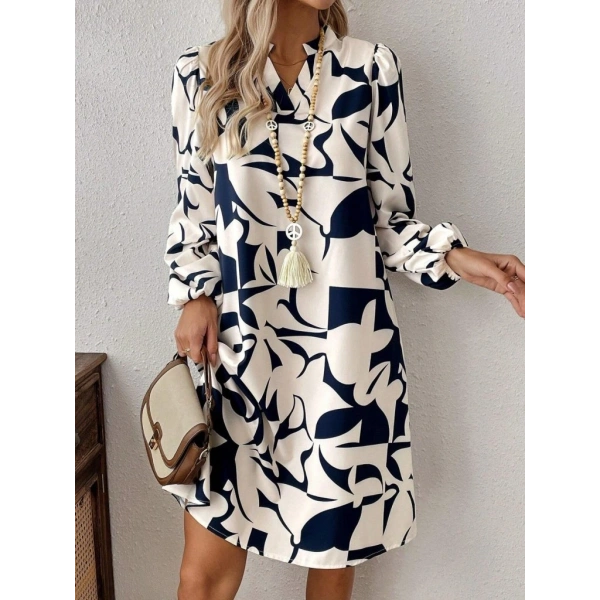 Kadın Uzun Kollu V Yakalı Desenli Modal Mini Elbise