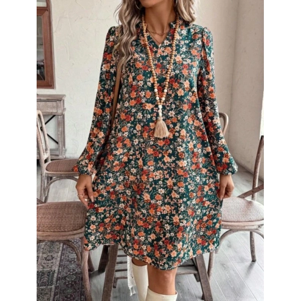 Kadın Uzun Kollu V Yakalı Desenli Modal Mini Elbise