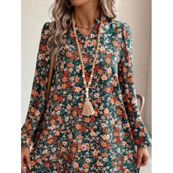 Kadın Uzun Kollu V Yakalı Desenli Modal Mini Elbise