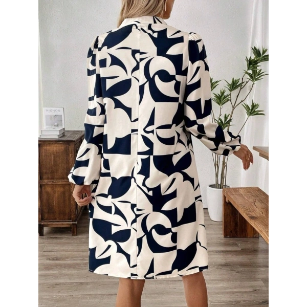 Kadın Uzun Kollu V Yakalı Desenli Modal Mini Elbise