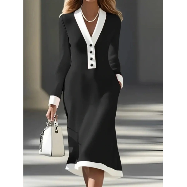 Kadın Uzun Kollu V Yakalı Düğmeli Midi Modal Elbise
