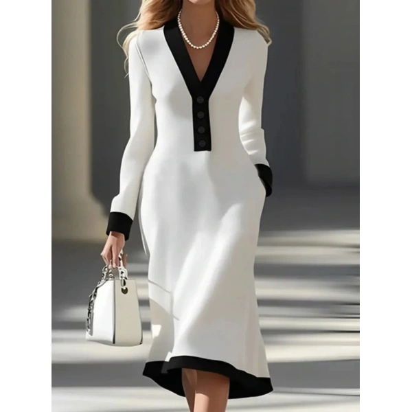 Kadın Uzun Kollu V Yakalı Düğmeli Midi Modal Elbise
