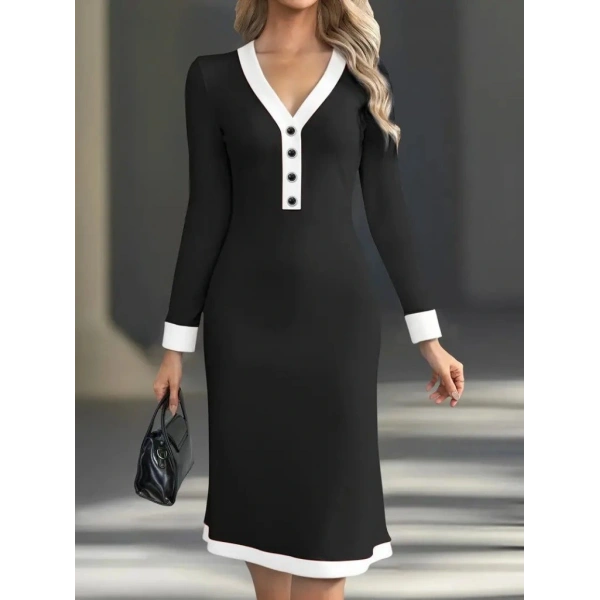 Kadın Uzun Kollu V Yakalı Düğmeli Midi Modal Elbise