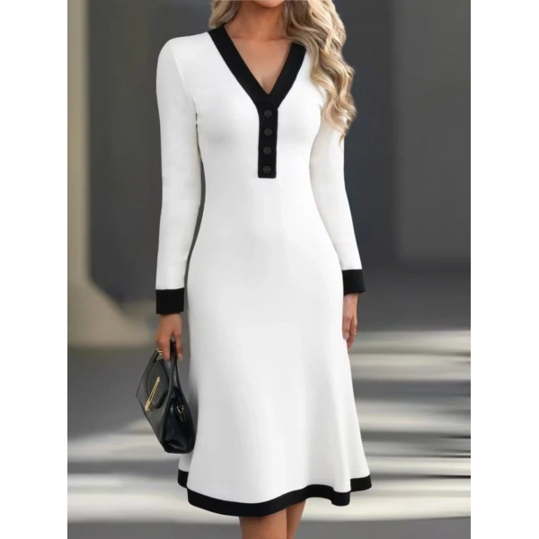 Kadın Uzun Kollu V Yakalı Düğmeli Midi Modal Elbise