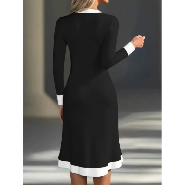 Kadın Uzun Kollu V Yakalı Düğmeli Midi Modal Elbise