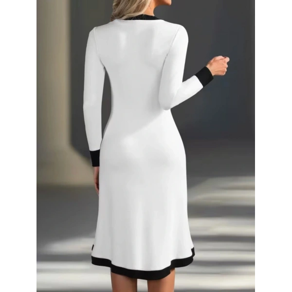 Kadın Uzun Kollu V Yakalı Düğmeli Midi Modal Elbise