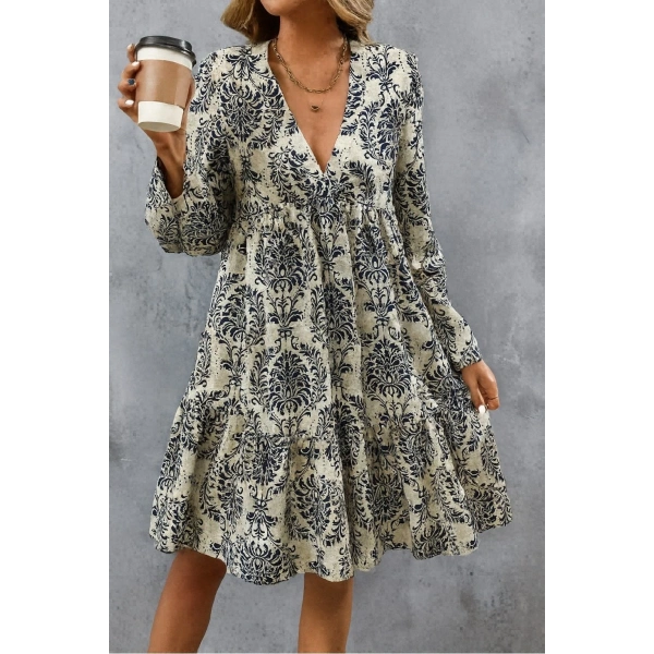 Kadın Uzun Kollu V Yakalı Fırfırlı Mini Süprem Elbise