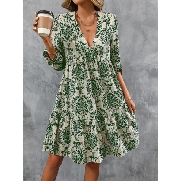 Kadın Uzun Kollu V Yakalı Fırfırlı Mini Süprem Elbise