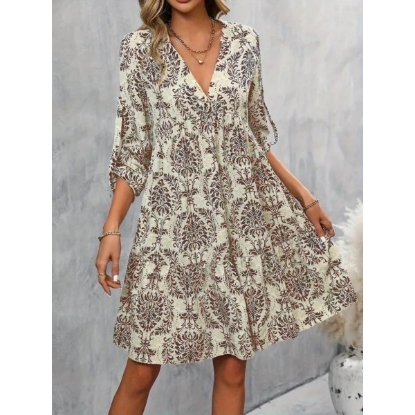 Kadın Uzun Kollu V Yakalı Fırfırlı Mini Süprem Elbise