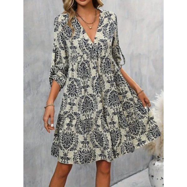 Kadın Uzun Kollu V Yakalı Fırfırlı Mini Süprem Elbise