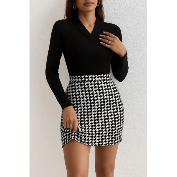 Kadın Uzun Kollu V Yakalı Kaz Ayağı Desenli şardonlu Dalgıç Elbise