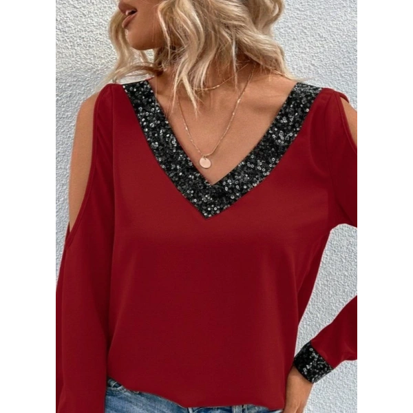 Kadın Uzun Kollu V Yakalı Omuzlardan Açık Sandy Bluz